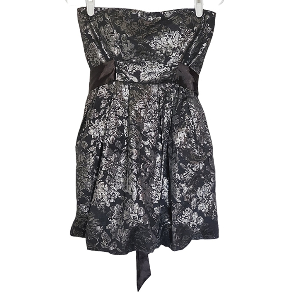 7512 * Forever 21 Brocade Strapless Dress Black Silver Size M Vintage Y2K